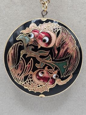 VINTAGE Cloisonne Koi Fish Double Sided Puff Large Pendant Necklace